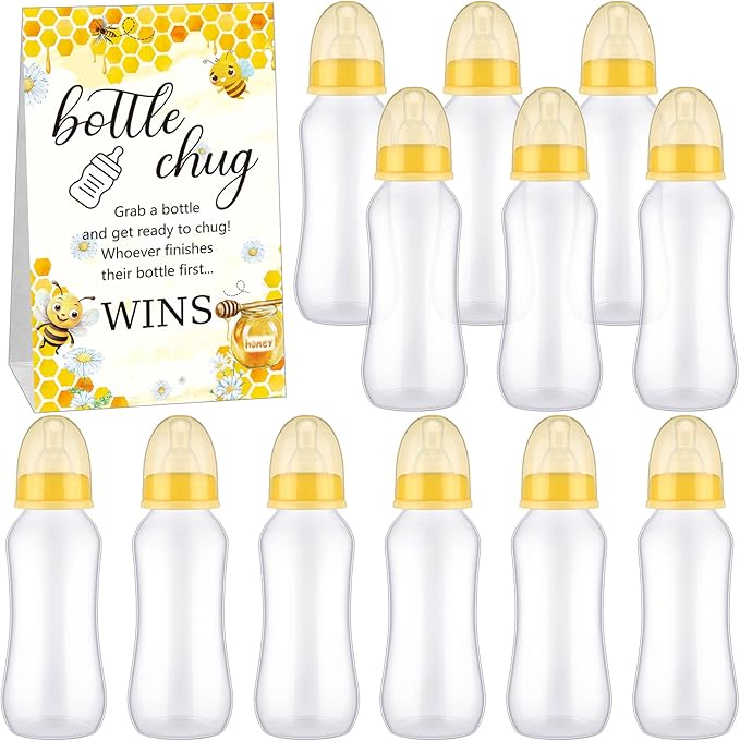 TrelaCo Cool Baby Shower Games Sets 12 Pcs Feeding Bottles with 1 Bottle Chug Sign for Gender Reveal Baby Shower Party Favors Decoration Games(Bee,Yellow)