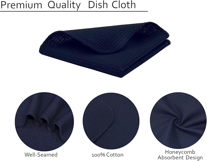 PurpleEssences Dish Cloths and Dish Rags - 8 Pack Waffle Weave Solid Kitchen Dish Wash Cloths, 100% Cotton, 12 x 12 Inches, Ultra Soft Absorbent Quick Drying - Fall Thanksgiving -Navy Blue