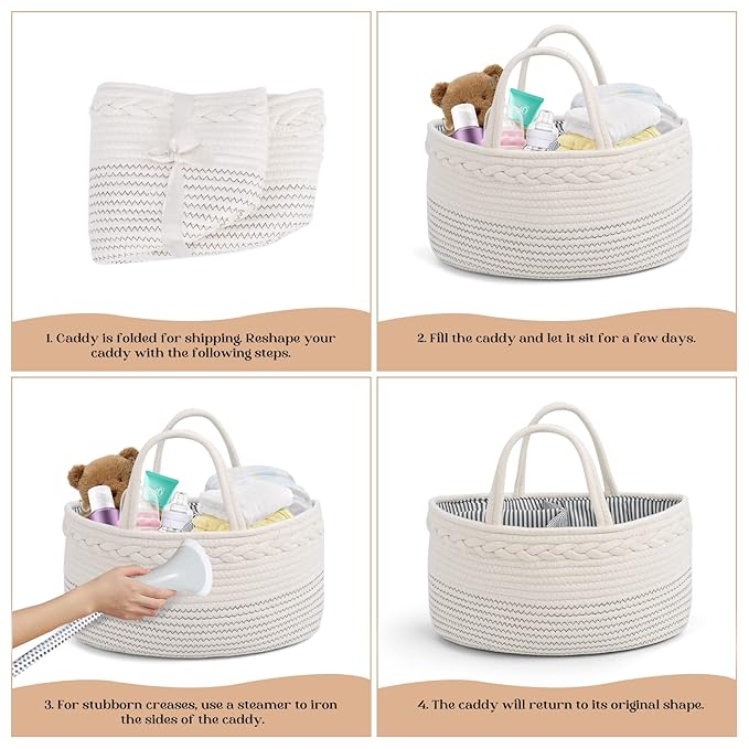 luxury little Diaper Caddy Organizer, Large Cotton Rope Nursery Baby Basket, Changing Table Organizer for Baby Diaper Storage, Portable Car Organizer with Removable Divider, Baby Shower Gifts - White