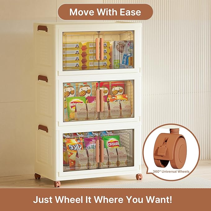 570Qt/140Gal Large Stackable Storage Bins with Lids and Divider, 3Pack Collapsible Drawers with Doors, Foldable Cabinet with Wheels, Plastic Closet Organizers and Containers for Home, Dorm