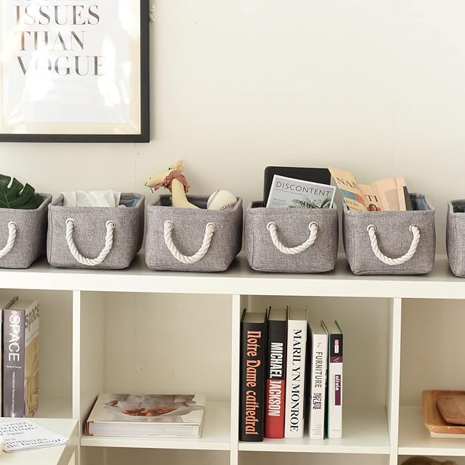 Small Fabric Storage Baskets (6-Pack), Foldable Gift Baskets with Rope Handles for Home & Office Organization