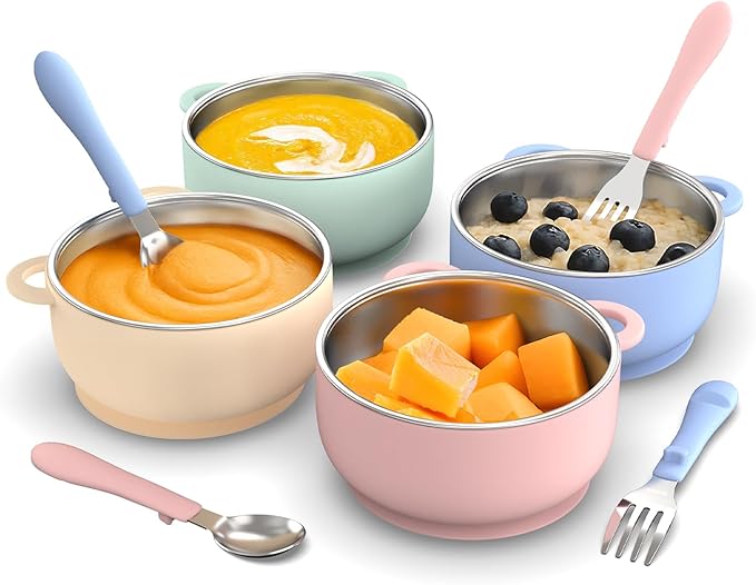 Toddler Bowls with suction & Utensils Set, 2-in-1 Stainless Steel 304 Kids Feeding Bowl & Silicone Suction Baby Bowl with Spoons and Forks, First Self-feeding Training Set, Organic Bloom