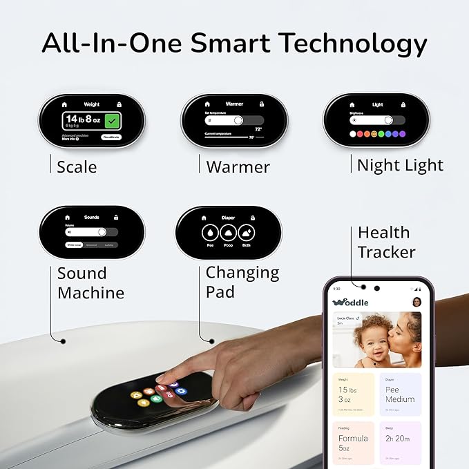 Woddle Multifunctional Smart Baby Changing Pad with Precision Scale for Critical Weight Monitoring + AI App, Noise Machine, Warmer, Night Light, Touchscreen Tracker, All-in-One