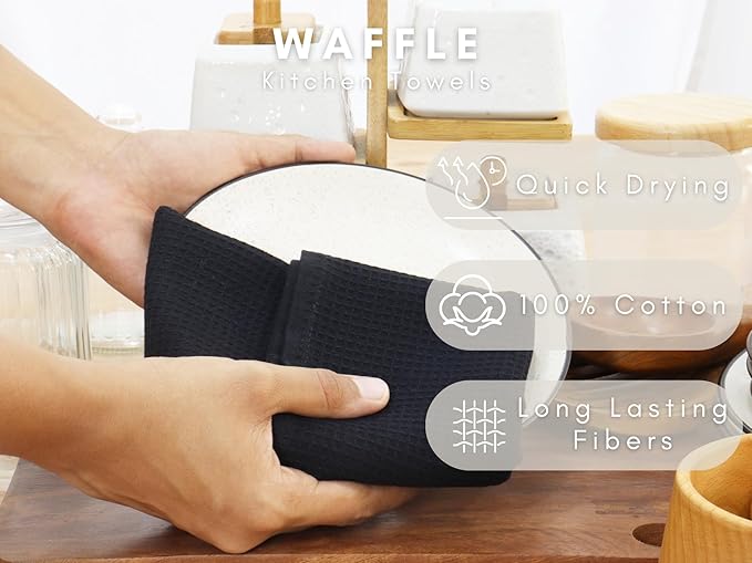 PurpleEssences Waffle Weave Kitchen Towel, 100% Cotton - 15 x 25 Inches, with Hanging Loop Ultra Soft Absorbent Quick Drying Dish Cloth, Tea & Hand Towels, 6 Pack - Fall Thanksgiving Halloween - Black