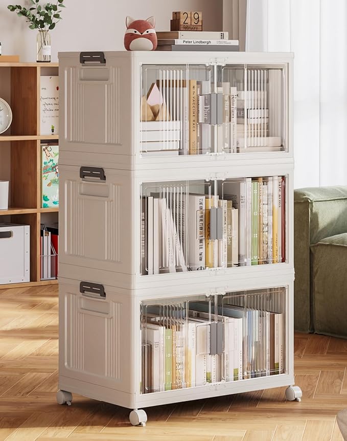 OlarHike 76QT Stackable Storage Bins with Lids - Folding Storage Box with Doors and Wheels, Collapsible Plastic Storage Bins for Closets, Home Organizers, 3 Pack Cubes (Warm Gray)