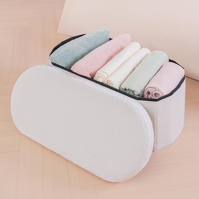 B FSOBEIIALEO Ottoman with Storage for Living Room, Sherpa Folding Storage Ottoman Foot Rest, 30 Inches Collapsible Bedroom Bench White