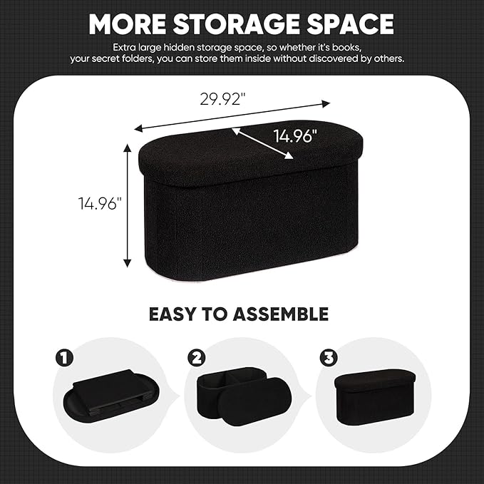 B FSOBEIIALEO Ottoman with Storage for Living Room, Sherpa Folding Storage Ottoman Foot Rest, 30 Inches Collapsible Bedroom Bench Black