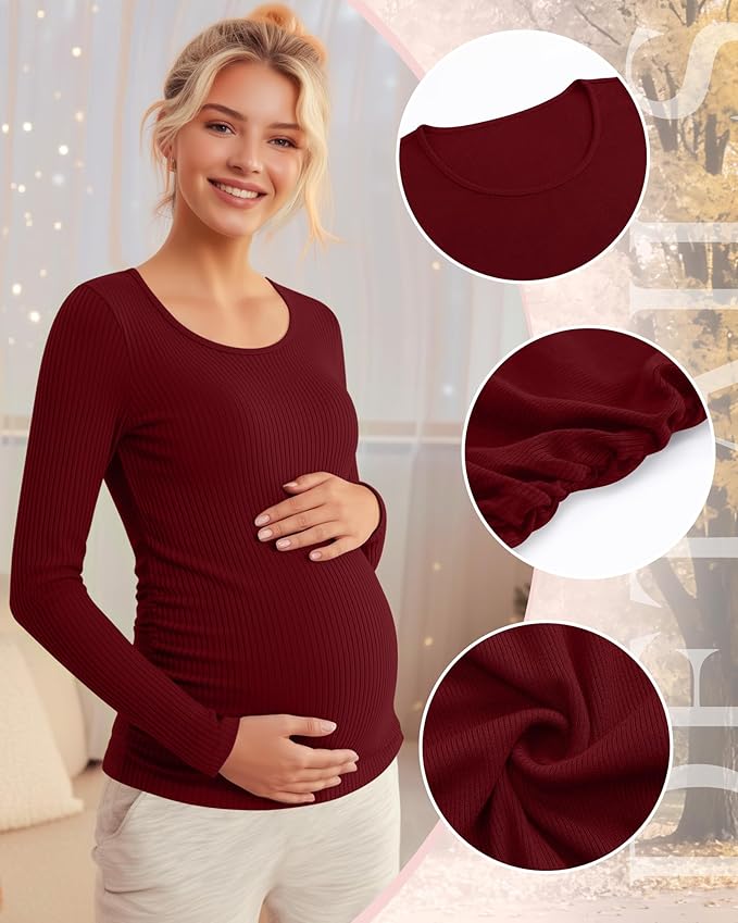Riyiper 4 Pack Women's Maternity Shirts, Long Sleeve Cotton Ribbed Pregnancy Tee Top Crewneck Side Ruched Casual Mama Clothes