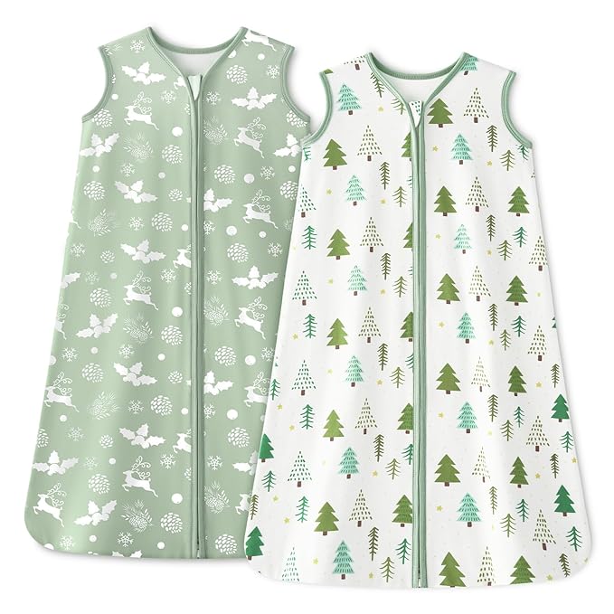 Baby Sleep Sack 6-12 Months 1.0 Tog Baby Wearable Blanket 100% Cotton Sleeping Sack with 2-Way Zipper for Infant Newborn Green Tree