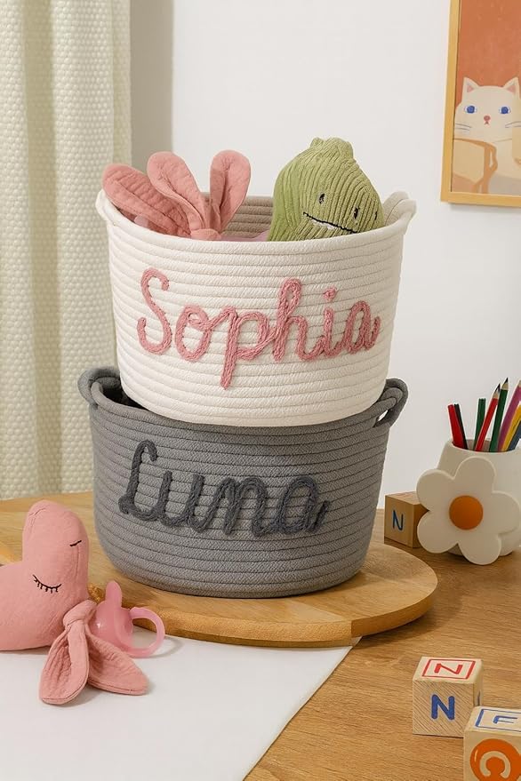 MBBEST Personalized Baby Shower Basket – Custom Rope Cotton Babys Basket with Name – Newborn Keepsake, Nursery Storage, Small Diaper Caddy Organizer, Cute Girl & Boy Baby Gifts