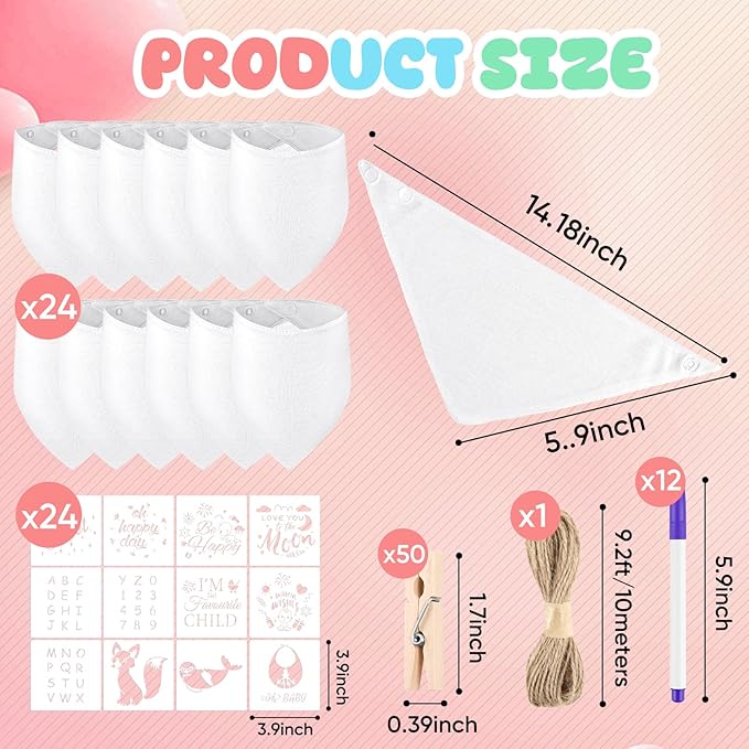 NACHLYNN 110 Pcs White Baby Bibs Baby Shower Games Set Including 24 Blank Baby Bibs 24 Stencils 49 Clothespins 12 Fabric Markers 1 Hemp Rope for Boys Girls Gender Reveal Party
