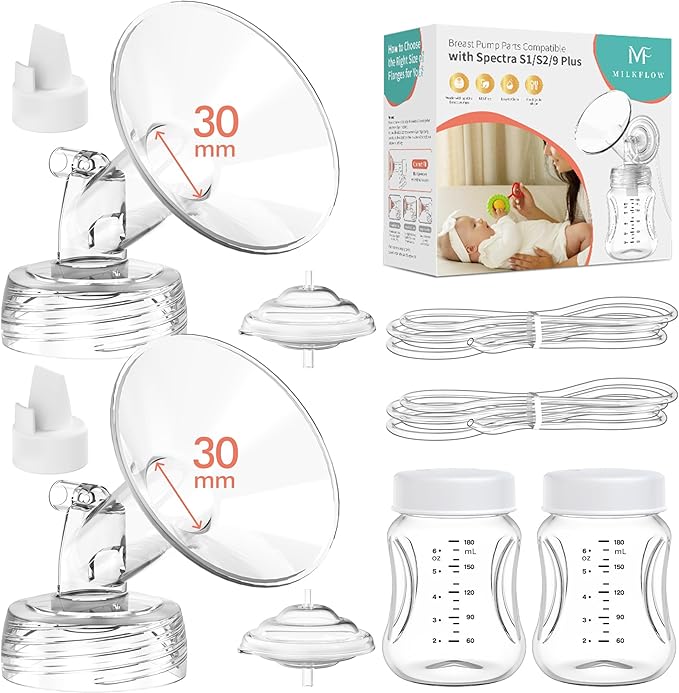 Breast Pump Parts Compatible with Spectra S1,S2,S9 Plus, Replacement Kit for Spectra Pump Parts 2PC Include 30 mm Flange, Duckbill Valve, Tube,Bottle, Backflow Protector, Not Original Accessorie