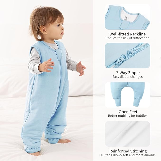 Rayon Made From Bamboo Sleep Sack 6-12 Months 0.5 Tog Ultra Soft Summer Toddler Sleep Sack with Feet 2-Way Zipper Lightweight Sleeping Bag Baby Wearable Blanket (2 Pack)-Blue & Gray