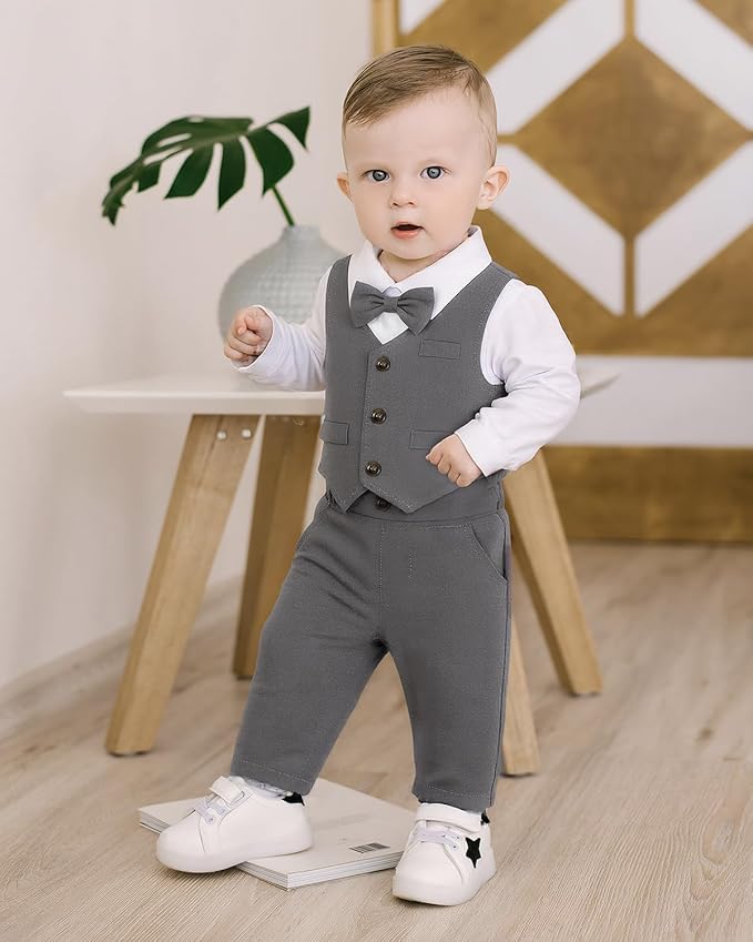 Baby Boy Clothes Suits Infant Gentleman Wedding Outfit Formal Dress Shirt Vest Bowtie Pants 4Pcs Baby Suit Sets
