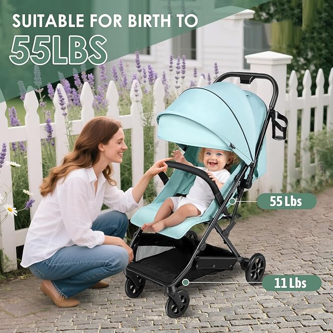 Lightweight Stroller, One-Hand Fold Compact Travel Stroller from Birth to 55 lbs, UPF 50+ Large Canopy & 5-Point Harness, Adjustable Reclining Seat- Green