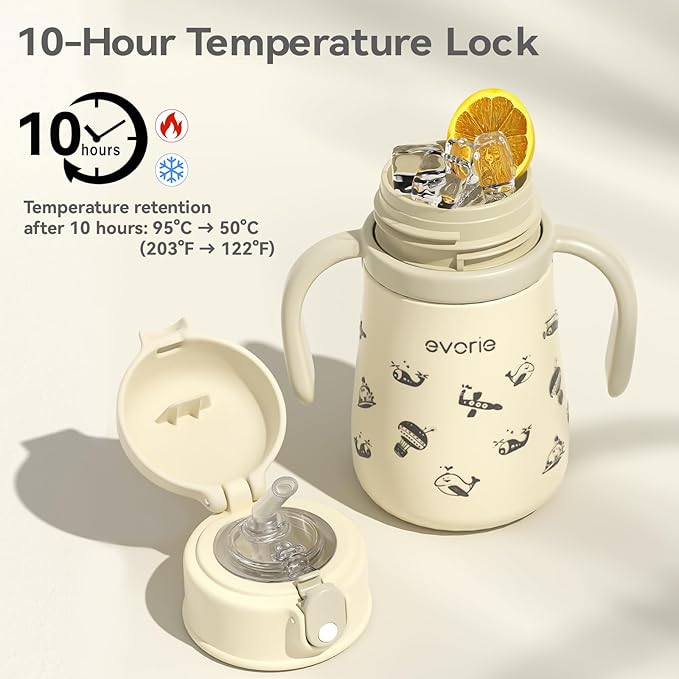 Evorie Leak Proof Vacuum Insulated Water Bottle, 316L Stainless Steel Sippy Cup for Toddlers, 11 oz Straw Cup with Handle & Adjustable Strap, Keeps Drinks Warm or Cold (Travel in Space)