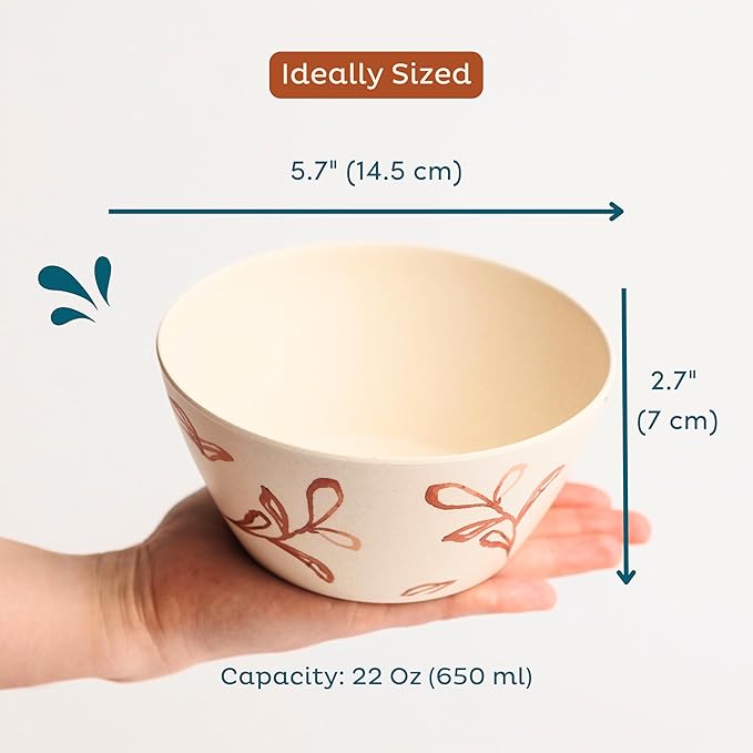 Nook Theory 4 Pack Bamboo Bowls - 22 Oz Reusable Toddler and Kids Bowl, Dishwasher Safe - Not Microwavable Bamboo Dishes (Wildflower)