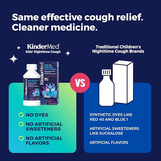 KinderMed Kids' Nighttime Cold & Cough Medicine, for Ages 6 Years+, No Dyes, No Artificial Flavors, No Artificial Sweeteners, Vegan, Non-GMO, Gluten Free, Organic Cherry Flavor, 4 fl. oz (Pack of 2)