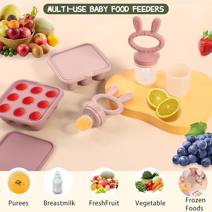 WAJIAYON Baby Food Freezer Tray Silicone Nibble Freezer Tray,Baby Fruit Food Feeder Teether,Breastmilk Popsicle Mold,Babies Breast Milk Teether Pop Maker Maker for Homemade Infant Meals-Pink