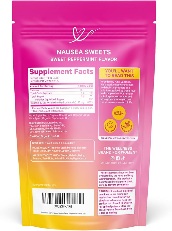 Pink Stork Organic Peppermint Sweets for Morning Sickness and Motion Sickness Support, Added Vitamin B6, 1st Trimester Pregnancy Must Haves - 30 Wrapped Peppermint Candies