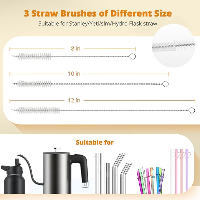 OUTXE 5 Pack Bottle Brush Set, 5-in-1 Water Bottle Cleaner Brush, 15"" Long Handle Bottle Cleaning Brush, 3 Straw Brush, Removable Nipple Brush, Detail Brush for Cup Lid Gap, WBBSBLB5