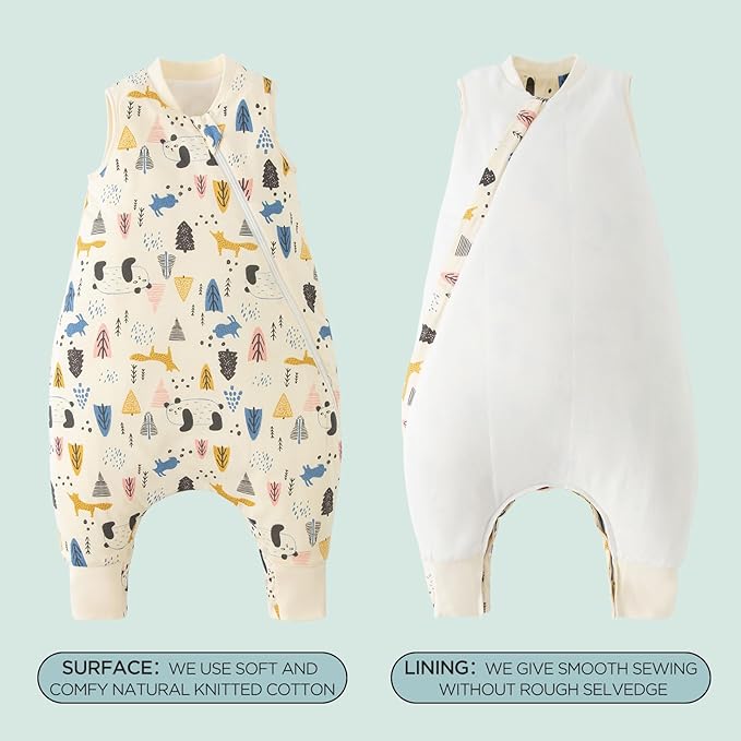 Duomiaomiao 1.5 TOG Toddler Sleep Sack 12-24 Months 100% Cotton Four Season Side Open Zipper Baby Sleep Sack with Feet, Breathable Toddler Wearable Blanket