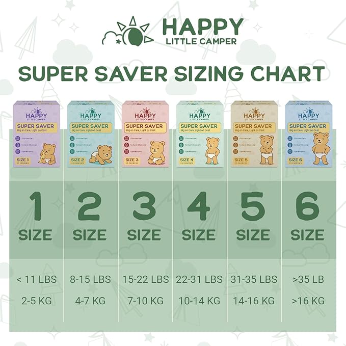 Happy Little Camper Super Saver Diapers, Size 6, 25 Count | Budget-Friendly Disposable Baby Diapers for Sensitive Skin | Hypoallergenic, Fragrance-Free, Ultra Absorbent