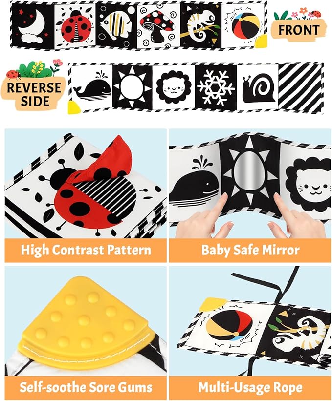 Tummy Time Toys, High Contrast Baby Book with Mirror & Teether, Black and White Infant Books, 0-6-12 Months Soft Book for Newborn, Sensory Books, Tummy Time Car Seat Toys 0-6 Month Boy Girl Gift