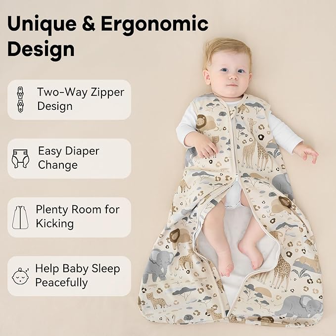 Baby Sleep Sack 6-12 Months 1.0 Tog Baby Wearable Blanket 100% Cotton Sleeping Sack with 2-Way Zipper for Infant Newborn Apricot & Gray Elephant