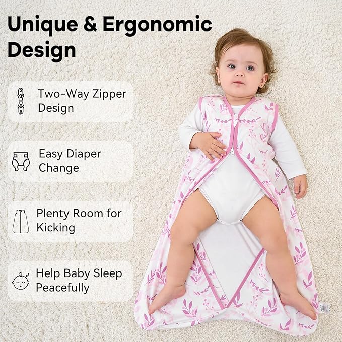 Baby Sleep Sack 0-6 Months 1.0 Tog Baby Wearable Blanket 100% Cotton Sleeping Sack with 2-Way Zipper for Infant Newborn Purple Leaf