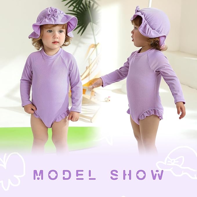 YOUNGER TREE Infant Baby Girls Swimsuit Long Sleeve Swimsuits One Piece Swimsuit Solid Color Bathing Suit with Hat, UPF 50+