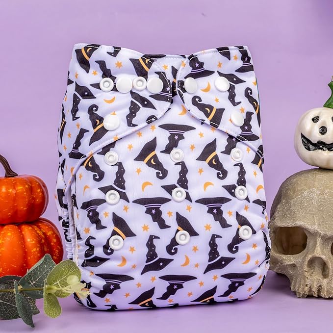 Babygoal Halloween Cloth Diapers 6 Pack with 10 Inserts, Baby Reusable Adjustable Washable One Size Pocket Nappy Covers 6FN35