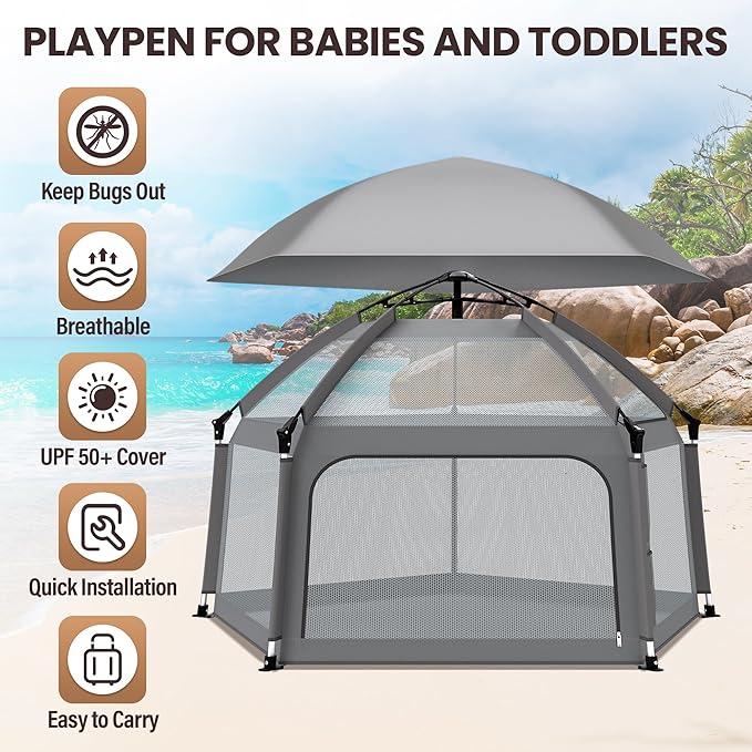 Baby Playpen with Self-Inflating Play Mat & Travel Bag, Portable Outdoor Playpen for Babies and Toddlers, Foldable Pop Up Play Tent for Home, Park, Beach and Camping (Grey)