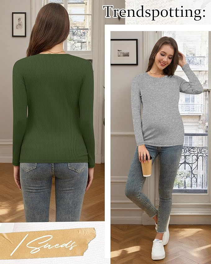 Riyiper 3 Pack Women's Maternity Shirts Long Sleeve Ribbed Knit Pregnancy Tees Cotton Crewneck Tunic Clothes Casual Fall Tops