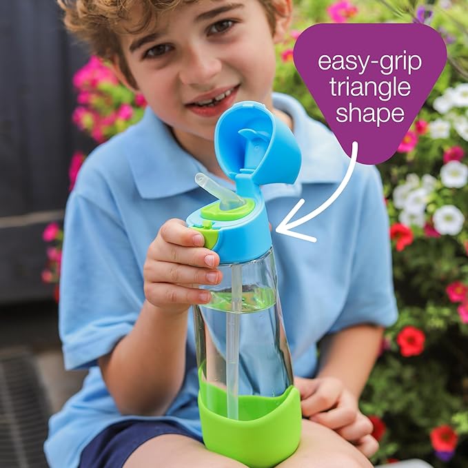 b.box Kids Water Bottle – 20oz Tritan Toddler Drink Bottle with Straw for School, Daycare, Travel w/Easy-Grip Triangular Design, Leak Proof Lid & Handle, BPA Free, Dishwasher Safe (Emerald Forest)