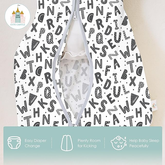 Cute Castle Baby Sleep Sack 0-6 Months - Lightweight 100% Cotton 2-Way Zipper TOG 0.5 Infant Wearable Blanket, Newborn Essentials Toddler Sleep Clothes, 3 Pack(Gray, Letters, Stars)