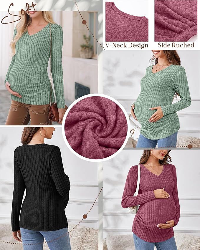 Ficerd 3 Pack Women's Maternity Shirts Ribbed Long Sleeve Pregnancy Tops V Neck Knit Side Ruched Pregnant Clothes Sweater