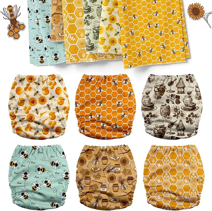 Mama Koala 3.0 Pocket Cloth Diapers for Babies with AWJ Lining, 6 Pack with 6 4-Layer Natural Cloth Diaper Inserts - Reusable and Washable Pocket Diapers(Hardworking Bees)