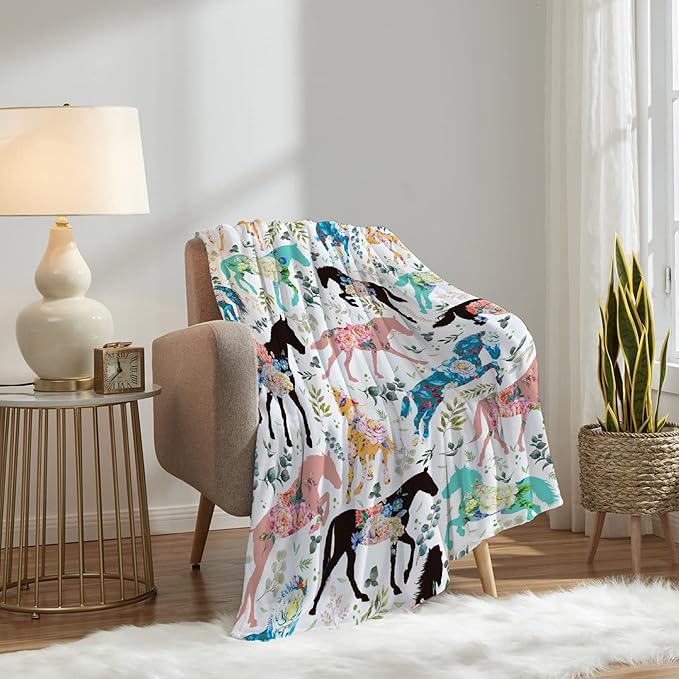 Colorful Floral Horse Blanket for Teen Flowers Animals Throw Blanket Gifts for Girls Boys Soft Throws Blankets All Seasons 50×60 Inches for Bed Office
