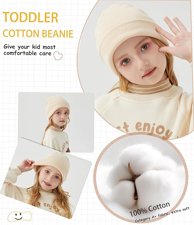 ROYBENS 100% Cotton Baby Beanie Cute Toddler Winter Hat Boys Girls Kids Soft Warm Knit Cuffed Caps Beanies for 0-8 Years