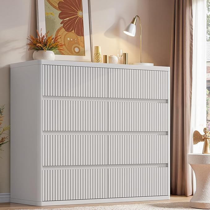 White 8 Drawer Dresser, Modern Fluted Dressers & Chest of Drawers for Bedroom, 48" Wide Dresser TV Stand with Deep Drawer, Curved Profile, Wood Organizer for Bedroom, Living Room, Hallway