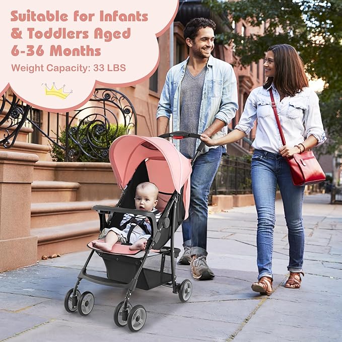 HONEY JOY Lightweight Stroller, Compact Travel Stroller for Airplane, Toddler Fold Pushchair w/Adjustable Canopy & Backrest, Storage Basket, Umbrella Stroller for Infants (Pink)