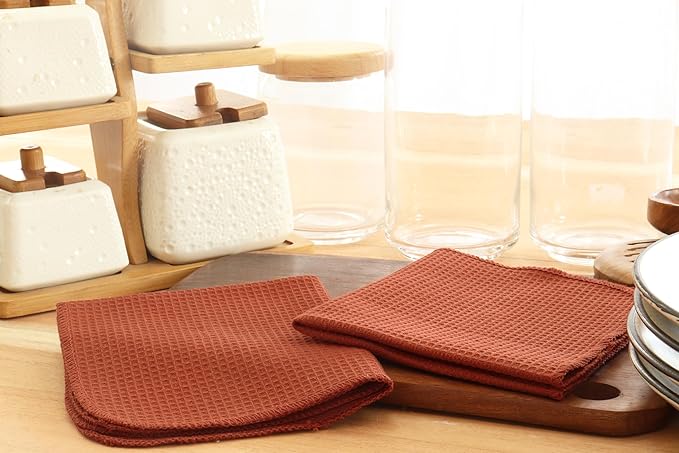PurpleEssences Rust Dish Cloths and Dish Rags - 6 Pack Waffle Weave Solid Kitchen Dish Wash Cloths, 100% Cotton, 12 x 12 Inches, Ultra Soft Absorbent Quick Drying - Fall Thanksgiving - Rust