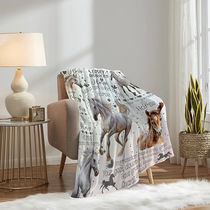 Horse Blanket for Boys Girls, Flowers Animals Kids Throw Blanket Gift for Child, Fluffy Cozy Soft Lightweight Blankets for Bed Office, 40x50 Inches