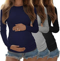 Riyiper 3 Pack Women's Maternity Shirts Long Sleeve Ribbed Knit Pregnancy Tees Cotton Crewneck Tunic Clothes Casual Fall Tops
