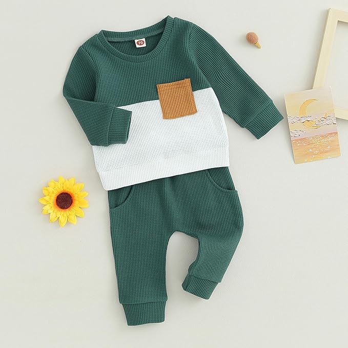 Toddler Baby Boy Fall Clothes Waffle Contrast Color Sweatshirt Pants Sets Infant Winter Outfits 6 12 18 24 Months