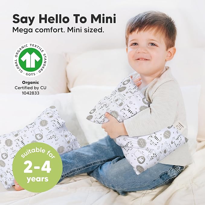 Mini Toddler Pillow with Pillowcase - 9x13 My Little Dreamy Travel Kids Pillow for Sleeping, Toddler Bed, Small, Tiny, Organic Cotton Pillowcase, Soft & Breathable, Kids 2-4 Years Old (KeaSafari)