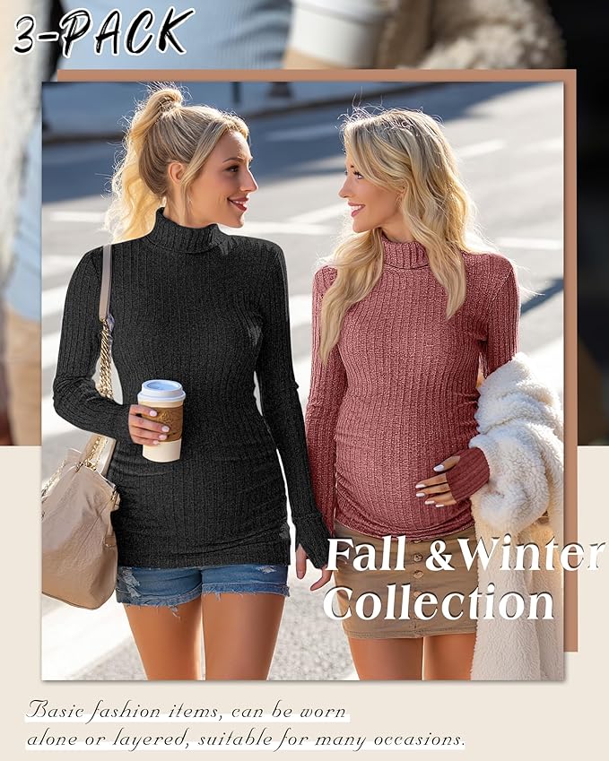 3 Pack Maternity T-Shirts Pregnancy Tops Women Sweater Long Sleeve Turtleneck Ribbed Finger Sleeve Outfits