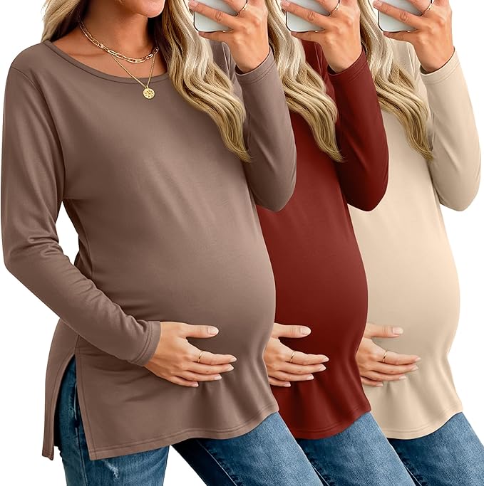 Riyiper 3 Pack Women's Maternity Long Sleeve T-Shirts Round Neck Side Split Tops Loose Casual Pregnancy Mama Clothes Fall