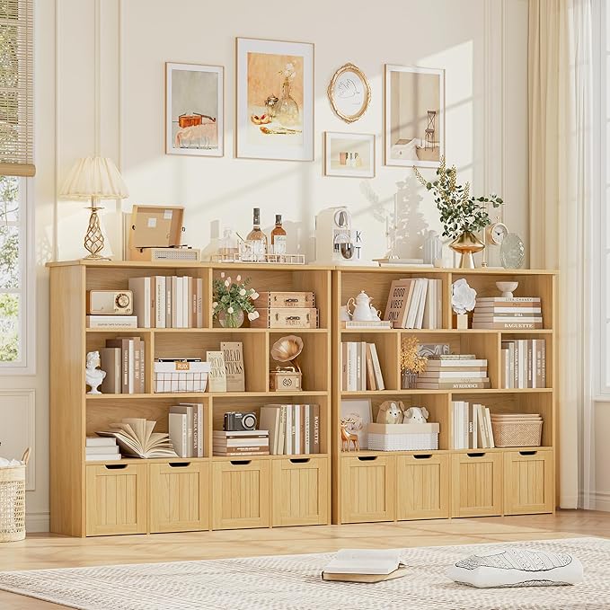 FINETONES Toy Storage Organizer, Kids Bookshelf with 4 Movable Chests and 7 Storage Cubes, Toy Chest Storage Shelf Organizer with Hidden Wheels, Toy Organizers and Toy Storage, Natural